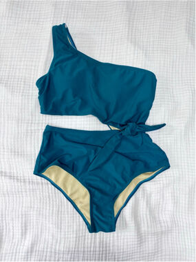 Women's Unbranded Teal One-Piece Swimsuit with Cutout and Tie, Size L